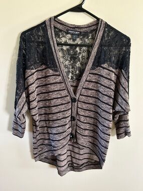 About A Girl Tan & Black Stripe 3/4 Length Cardigan with Black Lace Yoke